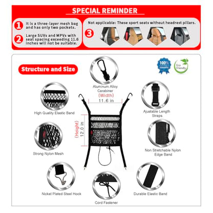 Car Organizer Between Front Seats, Purse Holder, Dog Barrier, Mesh Net Bag | AMEIQ Car Accessories, 3 Layers Net 2 Pockets Storage Bag, Purse Handbag Holder, Backseat Kid Pet Barrier, Black, Patented