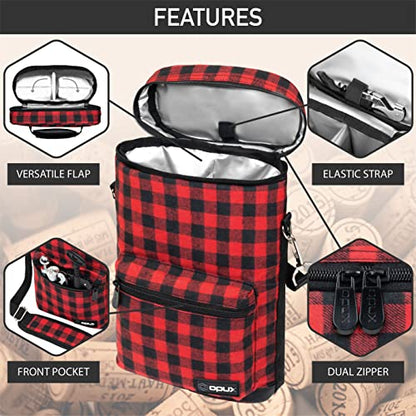 Opux 2 Bottle Wine Tote Carrier, Insulated Cooler Bag for Travel Picnic, Leakproof Padded Case, Wine Gifts for Women & Men, Plaid Buffalo Red - color: Buffalo Plaid Red