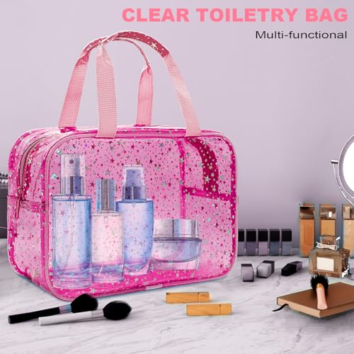 Clear Red Star Large Makeup Bag with Star Pattern 12x5x8 inch, Travel Cosmetic Bag with Handle, Durable PVC Material Washbag Zipper Opening Design for Makeup Travel Organizer or Gym Use - color: Red, style: Star