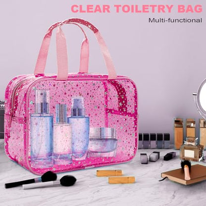 Clear Red Star Large Makeup Bag with Star Pattern 12x5x8 inch, Travel Cosmetic Bag with Handle, Durable PVC Material Washbag Zipper Opening Design for Makeup Travel Organizer or Gym Use - color: Red, style: Star