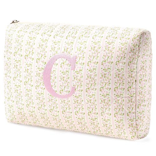 HBselect Initial Quilted Makeup Bag, Pink Cosmetic Travel Toiletry Bag, Flowers Coquette Zipper Make Up Pouch Organizer Teen Girl Gift Trendy Stuff C - color: 1Pc Medium Pinkflower, style: C