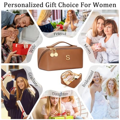 Initial Makeup Bag Gifts for Women Bridesmaid Gifts Travel Toiletry Personalized PU Leather Waterproof Cosmetic Bag (Medium-Brown-S) - color: MediumBrown, style: S