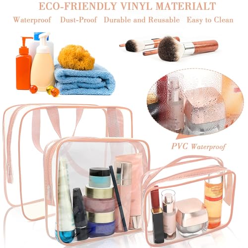 APREUTY Clear Makeup Bags, TSA Approved 6 Pcs Cosmetic Makeup Bags Set Clear PVC with Zipper Handle Portable Travel Luggage Pouch Airport Airline Vacation Organization (Pink) - color: Pink-6PCS (Large+Medium+Small)