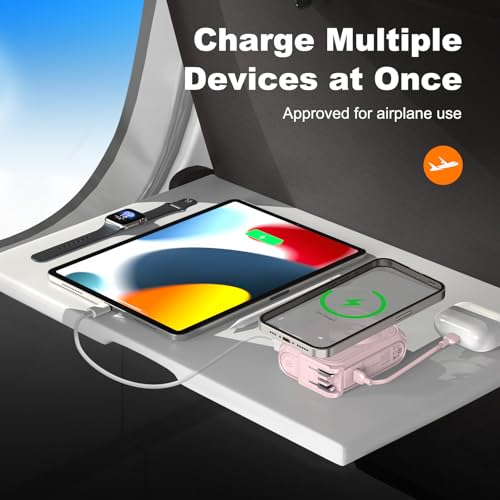 P05 Portable Charger, Magnetic Power Bank, Small Wireless PowerBank,Emergency Battery Pack 10000mAh Travel Essentials Fast Charging with Built in Cable, Wall Plug for iPhone,Samsung,Andriod (Pink) - color: Pink