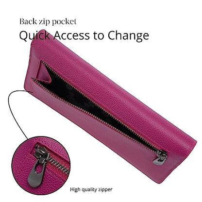 Bveyzi Ultra Slim Thin Leather RFID Blocking Credit Card Holder Bifold Clutch Wallets for Women - color: Hot Pink