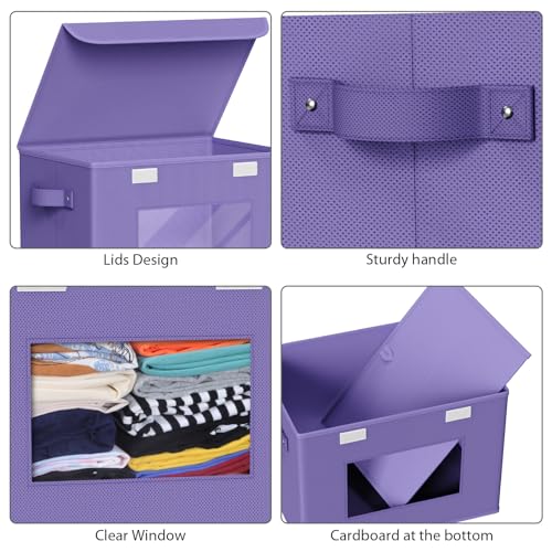 Univivi Storage Bins with Lids [4-Pack] Fabric Lidded Storage Baskets Stackable Closet Storage Bins, Closet Organizers and Storage with Lid & Clear Window for Home, Office, Bedroom (Purple) - color: Purple, size: 17''-4 Pack