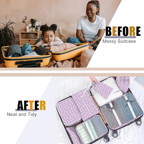Packing Cubes for Travel - 8 Set Luggage Organizer Bags for Family, Mesh Breathable Packing Cubes for Suitcases Durable Travel Essentials Bags Set - color: Purple small white flowers
