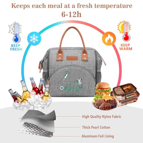 LOKASS Nurse Lunch Bag for Women, Embroidered Lunch Box with Special Nursing Design, Insulated Lunch Tote Ideal for Nurse Gifts, Neutral Grey - color: Gray - Medical ECG