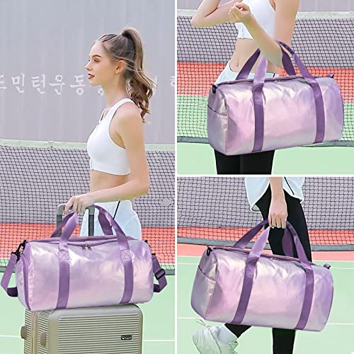 Gym Bag Sports Duffle Bag with Wet Pocket Weekender Overnight Bag with Waterproof Shoe Pouch and Air Hole for Women Girls Travel Foldable Bag (Metallic Purple) - color: Metallic Purple