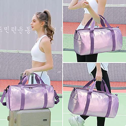 Gym Bag Sports Duffle Bag with Wet Pocket Weekender Overnight Bag with Waterproof Shoe Pouch and Air Hole for Women Girls Travel Foldable Bag (Metallic Purple) - color: Metallic Purple