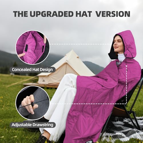 Large Outdoor Waterproof Blanket Extra Thick Fleece Stadium Blanket for Camping, Car, Pet, Picnics - Windproof, Wearable, Machine Washable 80" x 58" (Rose Purple,Hooded) - color: Hooded-rose Purple