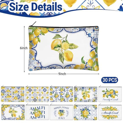 30 Pcs Amalfi Coast Makeup Bags Romantic Lemon Canvas Cosmetic Zipper Pouches with Blue Yellow Makeup Bag Bulk Canvas Cosmetic Travel Toiletry Pouch for Women Bachelorette Birthday Gifts - style: Lemon Porcelain