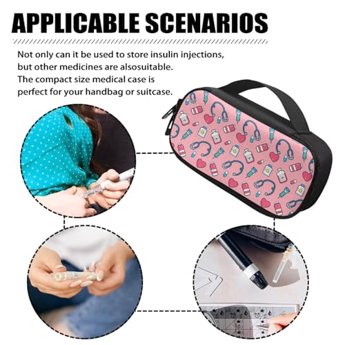 Pink Stethoscope Print Insulin Cooler Travel Case Portable Zipper Diabetic Care Organizers, Insulin Storage Bag for Women Men Diabetic Supplies Organizer for Trip and Daily Use - color: Pink Stethoscope Print