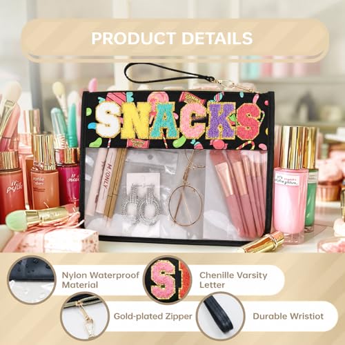 Siwara Snack Bags Clear Pouch Travel Makeup Bag Chenille Letter Bags for Zipper Pouch Clear Cosmetic Bag Clearly Tote Bag Makeup Travel Bags for Women - color: Candy-Black