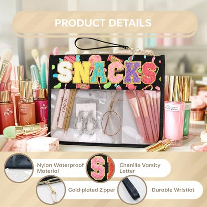 Siwara Snack Bags Clear Pouch Travel Makeup Bag Chenille Letter Bags for Zipper Pouch Clear Cosmetic Bag Clearly Tote Bag Makeup Travel Bags for Women - color: Candy-Black