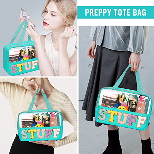 Preppy Clear Stuff Makeup Bags with Chenille Letter Patches, Travel Essentials Large Clear Make up Bag Zipper Pouch with Handle, Waterproof Nylon Cosmetic Toiletry Storage Tote for Women (STUFF-Green) - color: STUFF-Green