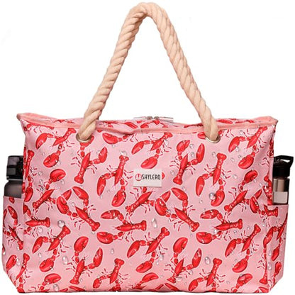 Beach Bag and Pool Bag Has Cooler Pocket, 7 Pockets Total, Zip Top. Family Size Waterproof Beach Tote - color: Lobsters