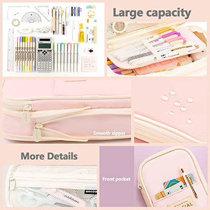 MAMUNU Expandable Pencil case with compartments, Large Capacity Pencil Cases Pencil Bag Pouch Office School, Portable Pencil Case Large School Stationery Organizer, Makeup Cosmetic Bag, Pink - color: Pink