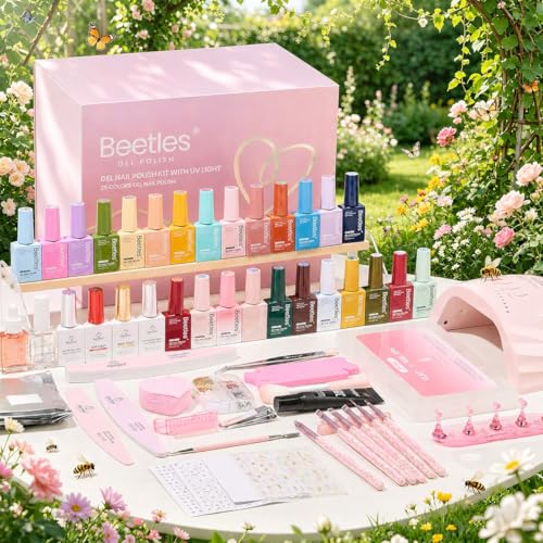 Beetles 64Pcs Gel Nail Kit with U V Light and Nail Tips -25 Color HEMA-FREE Gel Polish Set Sunday Garden Pink Nude Blue Green Brown Nails Kit with Everything Salon Manicure Tool Gifts for Girls Women - color: 0 - Sunday Garden