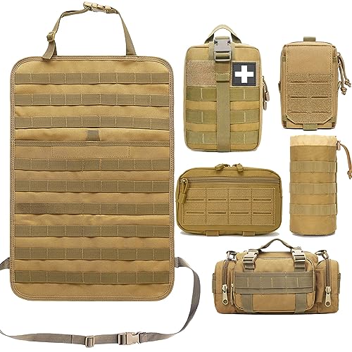 Tactical Car Seat Back Organizer Molle Backseat,Universal Molle Vehicle Organizers Panel Protector with 5 Detachable Pouches for Car Truck Jeep Vehicle (Khaki) - color: Tan