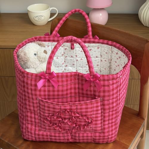 Foldable Laundry Basket Boho Bear Storage Basket Floral Quilted Fabric Car Storage Basket Handles Large Laundry Baskets for Clothes and Dolls - color: rose pink