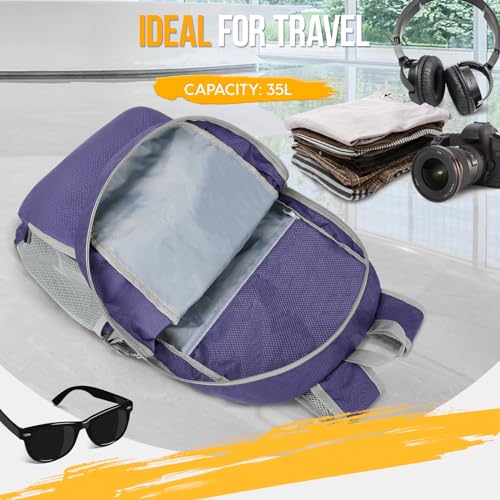 ZOMAKE Lightweight Packable Backpack 35L, Light Foldable Backpacks Water Resistant Collapsible Hiking Bag, Compact Folding Day Pack for Travel Camping(Purple) - color: Purple