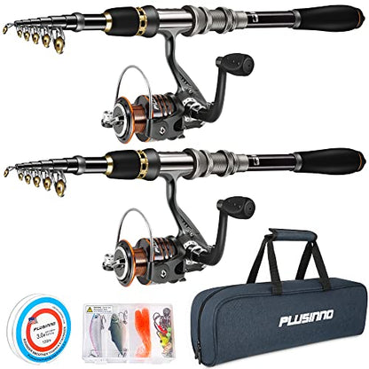 PLUSINNO Fishing Rod, Telescopic Fishing Rod and Reel Combo, Collapsible Travel Fishing Pole Rod Starter Kit, Carbon Fiber Fishing Rods and 12 +1 Bearings Stainless Steel, Fishing Gifts for Men Adults - color: 2PACK Full Kit with Carrier Case, size: 2.4m