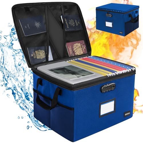 DEEGO File Box with Lock, Fireproof Document Box Organizer for Important Document, Fireproof Lockbox Safe For Home, Collapsible File Storage Box with Handle for Hanging Letter/Legal Folder, Blue - color: Blue, style: 1 Layer
