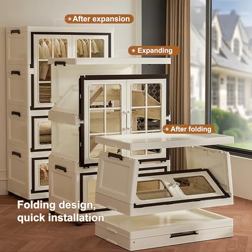 SunSettler Plastic Collapsible Cabinet, Stackable Storage Bins with Lid, Large Closet Organizer with Wheels, Foldable Storage Cabinet for Home and Office - size: 1+2 Transparent