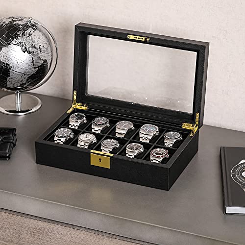 ROTHWELL 10 Slot Leather Watch Box - Luxury Case Display Jewelry Organizer - Locking Watch Display Case Holder with Large Glass Top - Box Organizer for Men and Women (Black/Black) - color: Black / Black
