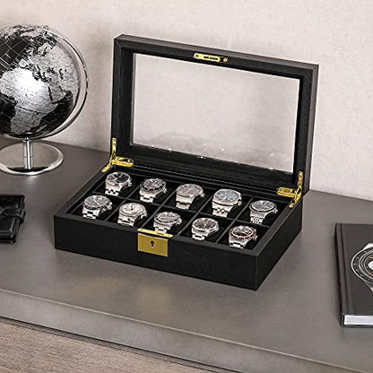 ROTHWELL 10 Slot Leather Watch Box - Luxury Case Display Jewelry Organizer - Locking Watch Display Case Holder with Large Glass Top - Box Organizer for Men and Women (Black/Black) - color: Black / Black