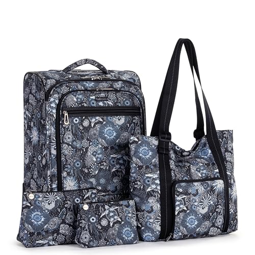 Sakroots On the Go 4 Piece Travel Bundle, Includes 21" Rolling Suitcase, Packable Large Tote, Medium & Small Pouches - color: Midnight Seascape