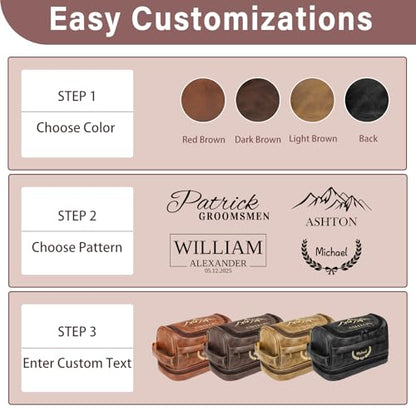 Personalized Toiletry Bag for Men, Leather Custom Travel Shaving Bag, Father's Day Gifts for Men, Dad, Him, Father, Son, Boyfriend, Husband, Brother, Birthday, Anniversay, Engraved Pattern Text - color: Light Brown