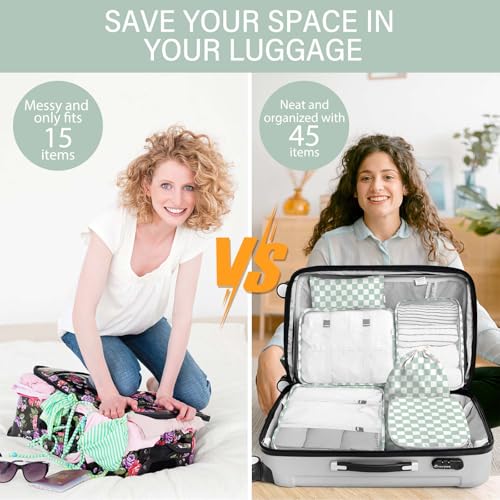 KPX 8 Set Packing Cubes for Travel, Luggage Packing Organizers Accessories Large Toiletries Bag for Clothes Shoes Cosmetics (8Set-Green Checkered) - color: 8Set-Green Checkered