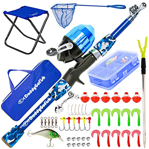 DaddyGoFish Kids Fishing Pole - Rod Reel Combo Tackle Box Starter Set - First Year Small Dock Gear Kit for Boys Girls Toddler Youth Age Beginner Little Children Junior Anglers - color: Blue (Complete Set), size: 4ft