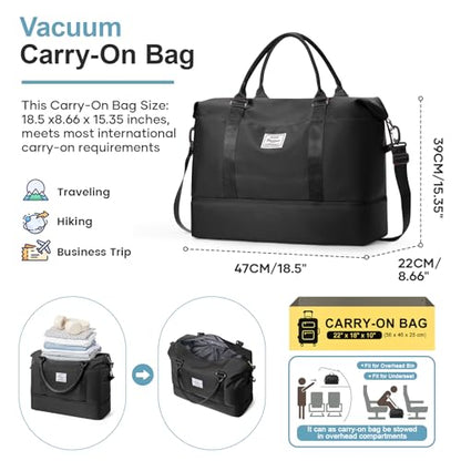 Overnight Weekender Bags for Women,Vacuum Travel Duffel Bag with Air Pump, Personal Item Travel Bag with Shoes Compartment & Compression Pocket,Black - color: A-Black with Air Pump, size: Large