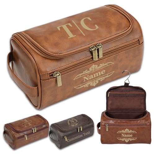 Personalized Gifts for Men Toiletry Bag, Custom Engraved Travel Dopp Kit with Name Initials, Valentines Gift, Groomsmen & Best Man Gift, Father's Day, Wedding for Husband, Light Brown - color: Light Brown-01