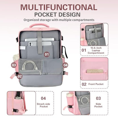 Carry On Backpack for Women & Men – Airline Approved Underseat Size, 15.6" Laptop Compartment, TSA-Friendly 180° Opening, Anti-Theft Business Travel Backpack with Trolley Sleeve(Pink, Medium) - color: Pink, size: Medium