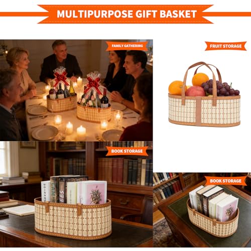 OCMML 2 Set Baskets for Gifts Empty, Foldable Bamboo Gift Basket Kit with Handles, Large Woven Empty Fruit Basket for Christmas, Housewarming, Birthday Party Fillers (13.8"X 7.9" X 6.0")