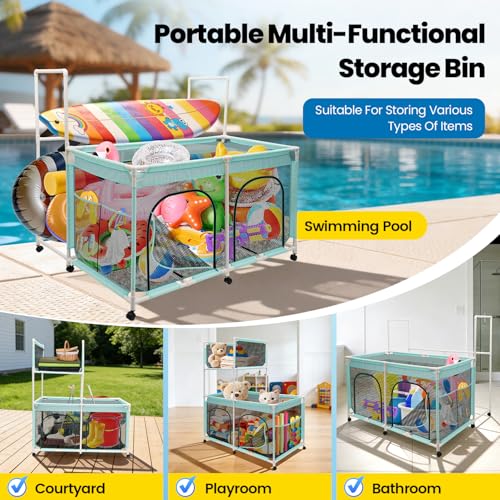 Pool Float Storage Bin 271 Gallon - 2-in-1 XX-Large Outdoor Pool Toy Storage Holder for Raft Noodles Inflatables Towels Balls, 9 Wheels Mesh Rolling Organizer Car Bin for Swimming Equipments