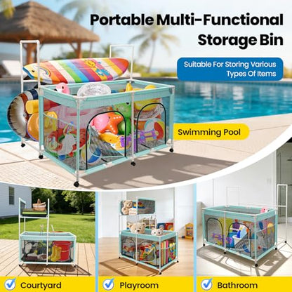 Pool Float Storage Bin 271 Gallon - 2-in-1 XX-Large Outdoor Pool Toy Storage Holder for Raft Noodles Inflatables Towels Balls, 9 Wheels Mesh Rolling Organizer Car Bin for Swimming Equipments