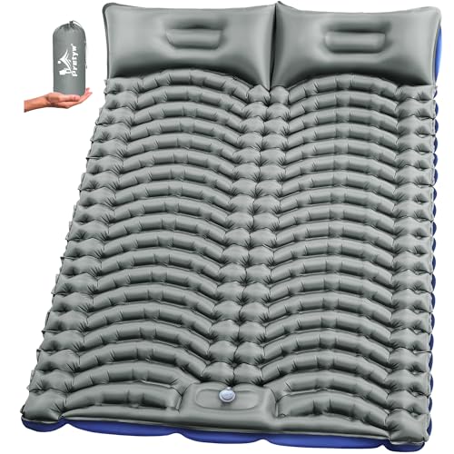 Double Sleeping Pad for Camping - Ultralight Air Mattress with Pillows, Built-in Foot Pump, Compact Inflatable 2-Person Portable Mat for Backpacking, Hiking, Tent, Car Travel, Beach，Road Trip - color: Cool Grey