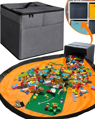 XL Toy Storage Organizer with Play Mat - Storage Bag/Box for Kids, Boys, Girls, Nursery, Playroom - Basket for Building Bricks/Blocks - Collapsible Fabric Cube Bin, 13"x13"x15" - color: Dark Gray