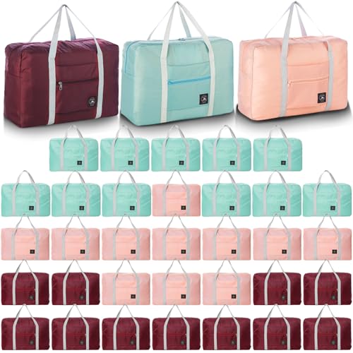 Travel Bag 36 Packes Carry on Luggage Foldable Duffel Bag Sports Gym Bag Weekender Overnight Bag Water Resistant Nylon Travel Duffel for Men Women - color: 12Pink 12Green 12Red