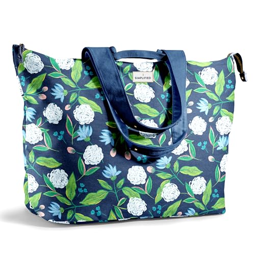Fit & Fresh XL Beach Tote Bag for Women – XL Travel Tote with Zipper & Pockets, Oversized Canvas Pool Bag, Weekender Carry-On - color: Navy Hydrangeas