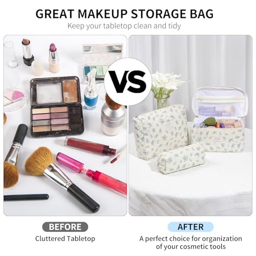 senbowe Floral Makeup Bag, 3 Pack Large Cotton Quilted Makeup Bag Set, Cute Floral Coquette Aesthetic Toiletry Bag Make Up Cosmetic Bag for Women, Toiletry Travel Make Up Organizer Bag - color: Blue-Green Flower