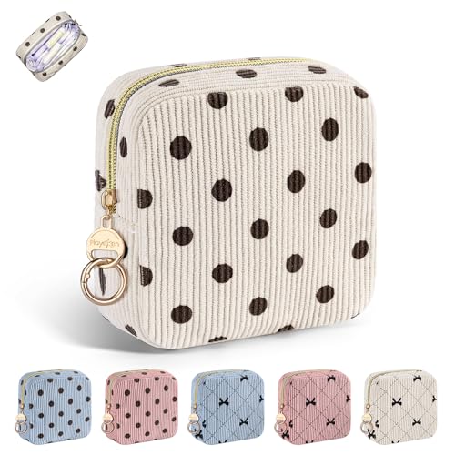 Period Bag for Teen Girls, Corduroy Cute Sanitary Napkin Storage Bag, Menstrual Pad Pouches Tampon Holder for Purse (Beige-Polka Dots) - color: Dots-beige