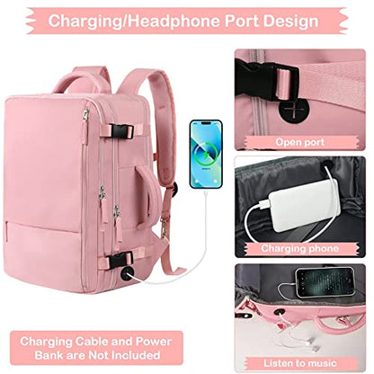 Hanples Carry on Travel Backpack for Women, Large 35L Personal Item Luggage Backpack,17 inch Laptop Backpack TSA Flight Approved, Travel Essentials Casual Daypack with 2 Toiletry Bags (Pink) - color: Pink, size: Large