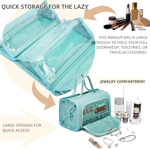 ROYALFAIR Roll Up Makeup Bag, Waterproof Toiletry Bag for Women, Hanging Travel Organizer with Jewelry Organizer Compartment, Extra Large 4 Clear TSA Approved (light blue) - color: Blue