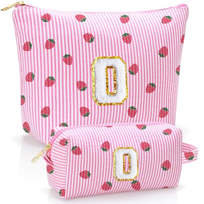 Personalized Initial Makeup Bag,Strawberry Print Preppy Cosmetic Toiletry Travel Bag,Trendy Letter Makeup Pouch for Teen Girls and Women,Holiday & Birthday Gift,2 Pack (O, Pink Strawberry) - style: O